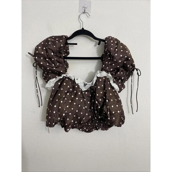For Love & Lemons Chocolate polk a Dot Top  saatin lace trim size M NWT $179msrp - Picture 8 of 8
